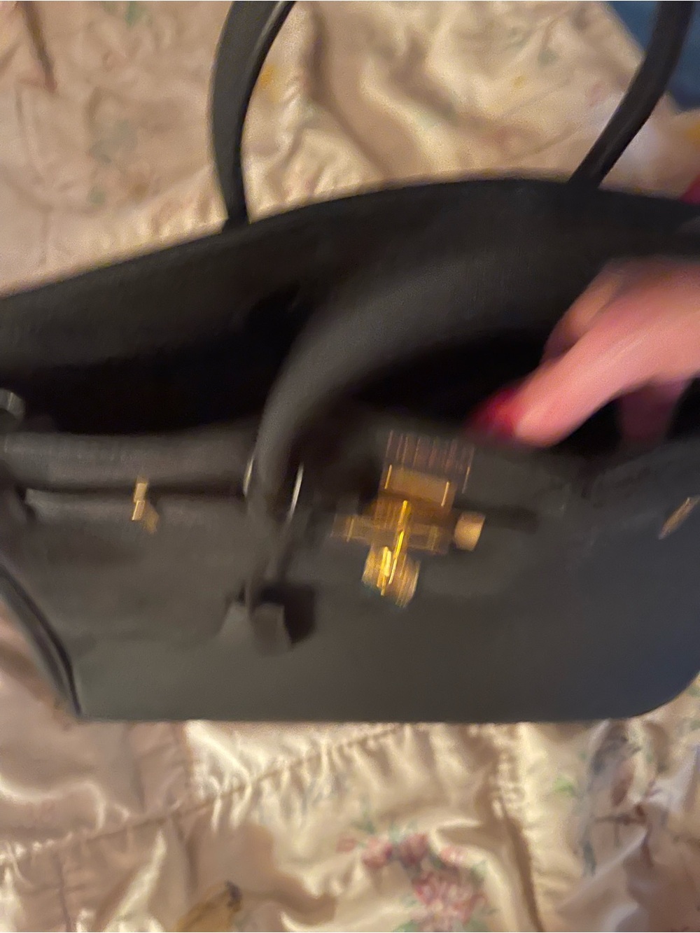 Black Leather Bag with Gold Hardware and Colorful Enamel Lock with key - Picture 3 of 3
